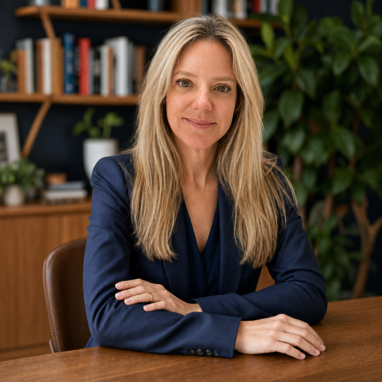 Renata Benaderet, planejadora financeira, sentada à mesa de seu escritório
